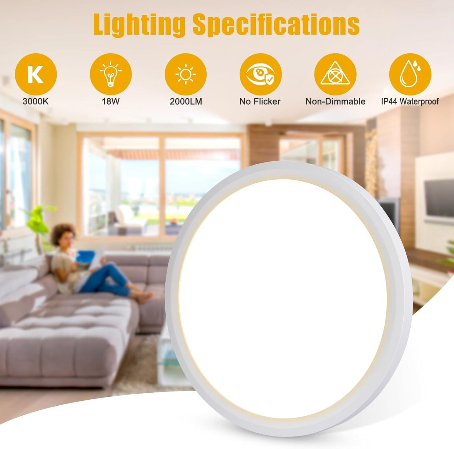 Befurglor 18W LED Ceiling Lights,2000LM Warm White 3000K Round Ceiling Lights Ø 23cm White,Waterproof IP44,150W Equivalent,Flush Ceiling Light for Living Room,Bedroom, Office 1 Pack