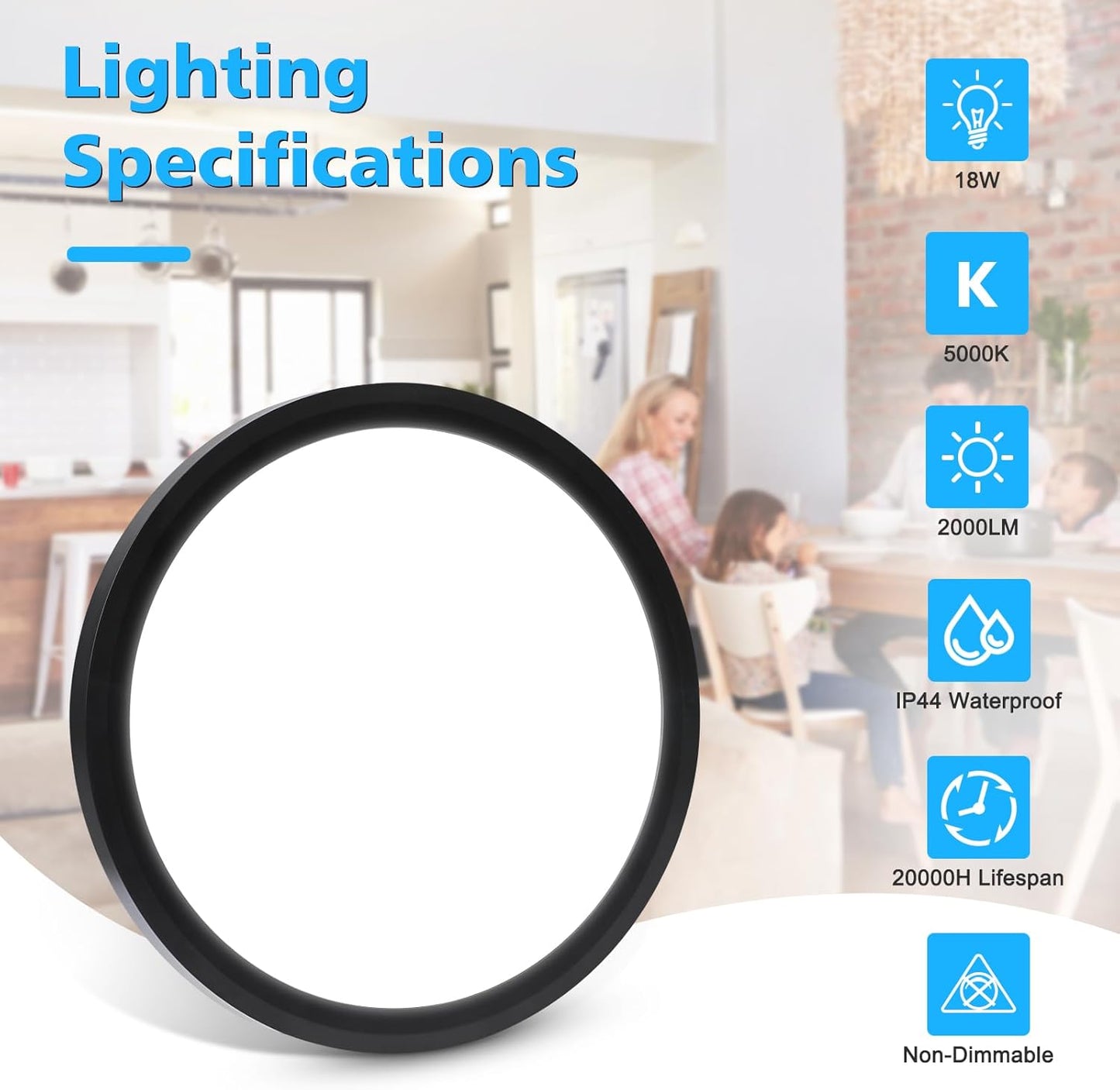 Befurglor 18W LED Ceiling Lights,2000LM Daylight White 5000K Round Ceiling Lights Ø 23cm Black,Waterproof IP44,150W Equivalent,Flush Ceiling Light for Living Room,Bedroom,Office 1 Pack