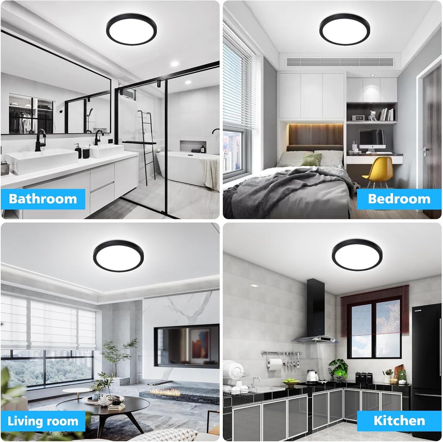 Befurglor 18W LED Ceiling Lights,2000LM Daylight White 5000K Round Ceiling Lights Ø 23cm Black 2 Pack,Waterproof IP44,150W Equivalent,Flush Ceiling Light for Living Room,Bedroom, Office